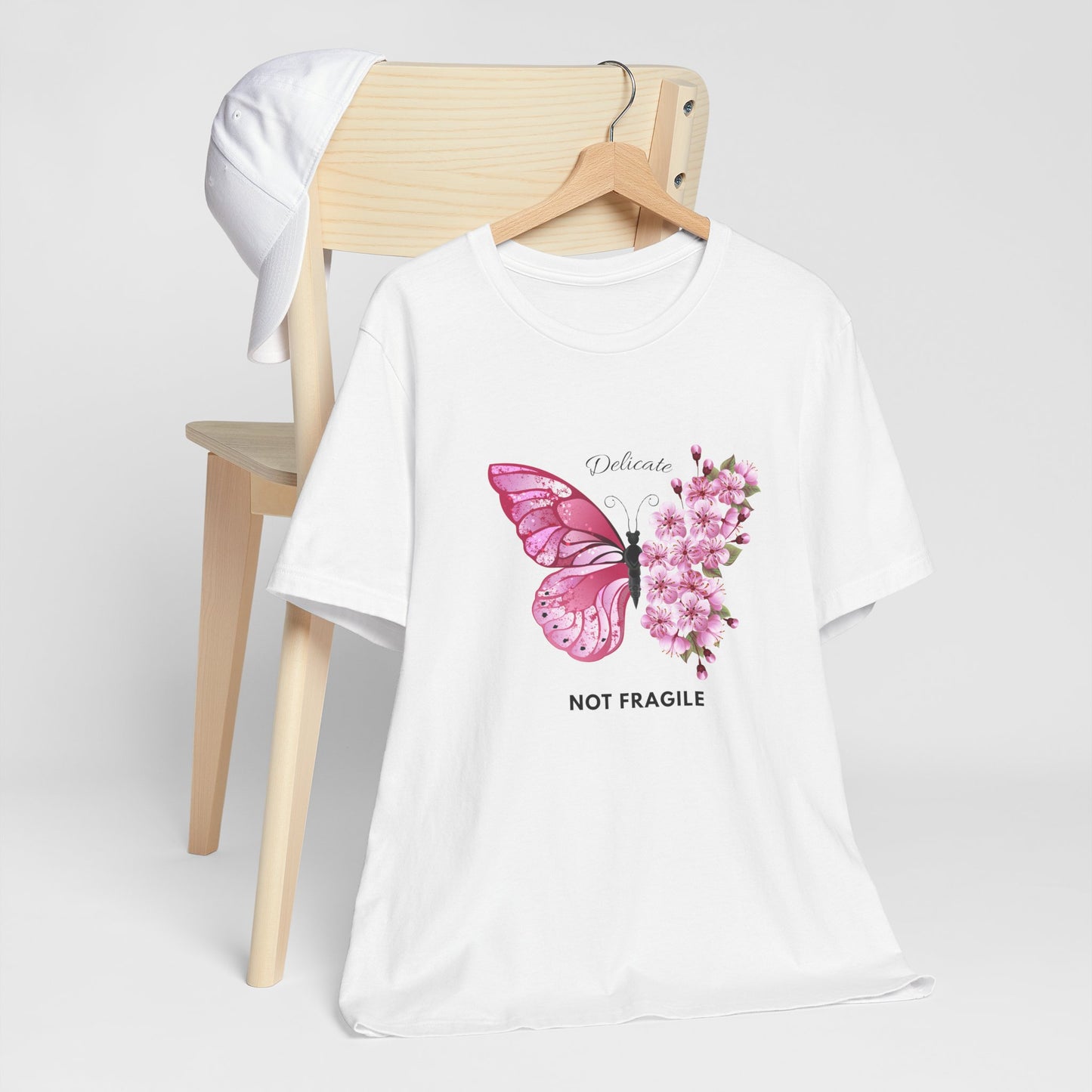 🌸 Delicate Not Fragile – Pink Butterfly Tee 🦋💖