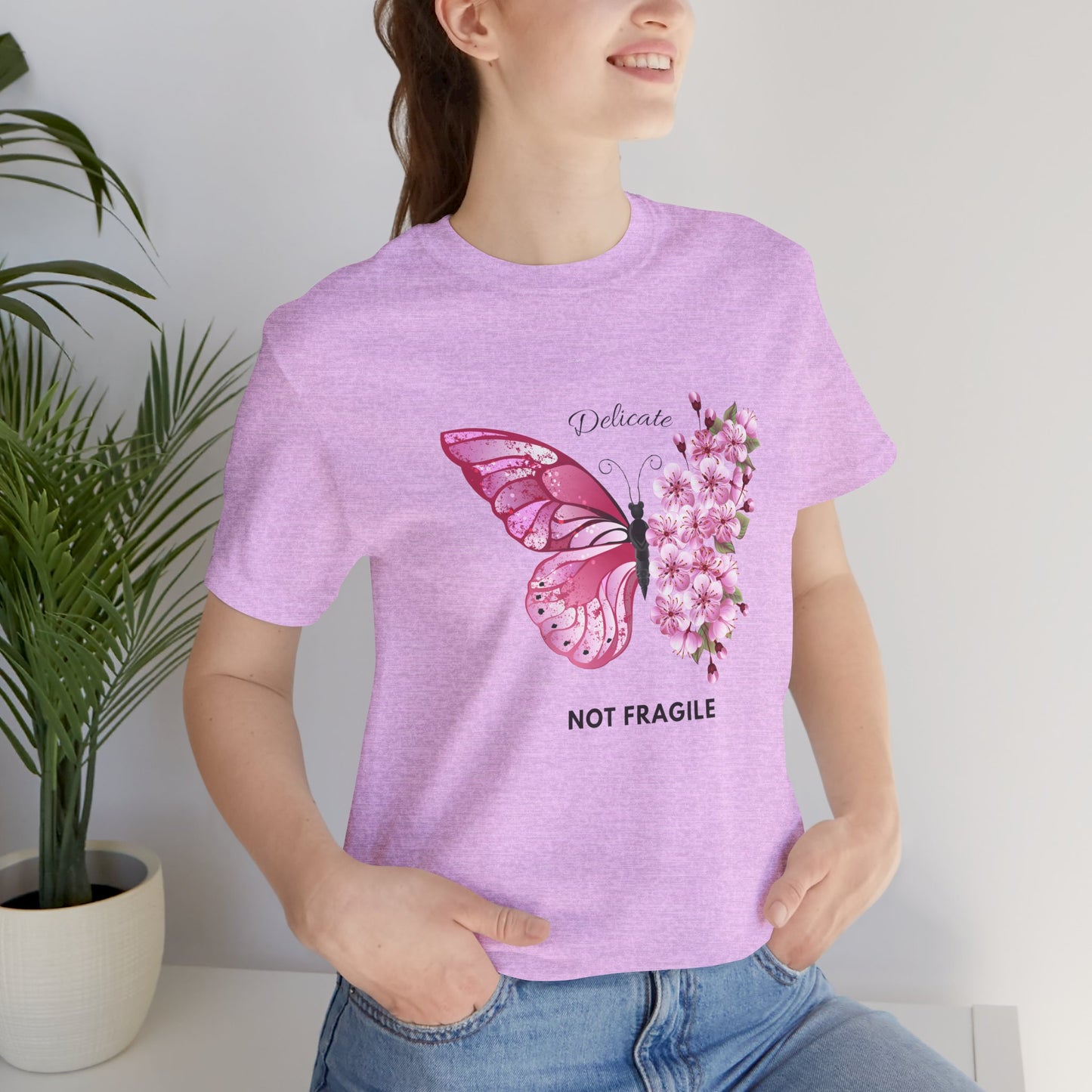 🌸 Delicate Not Fragile – Pink Butterfly Tee 🦋💖