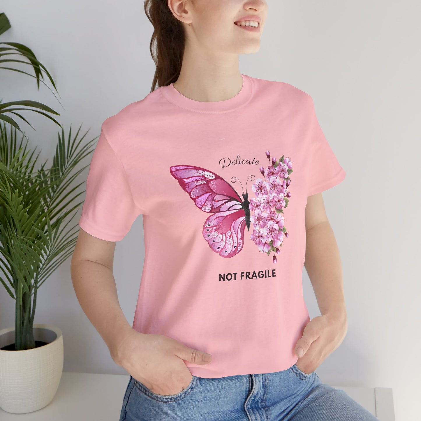 🌸 Delicate Not Fragile – Pink Butterfly Tee 🦋💖