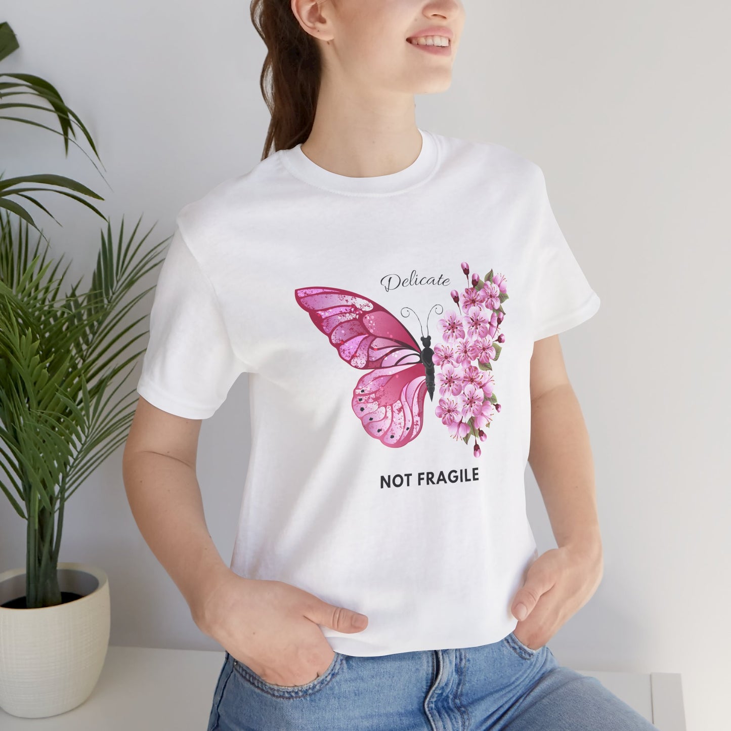 🌸 Delicate Not Fragile – Pink Butterfly Tee 🦋💖