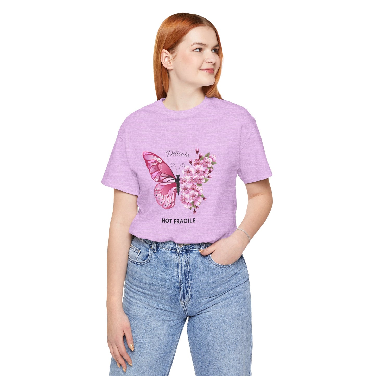 🌸 Delicate Not Fragile – Pink Butterfly Tee 🦋💖