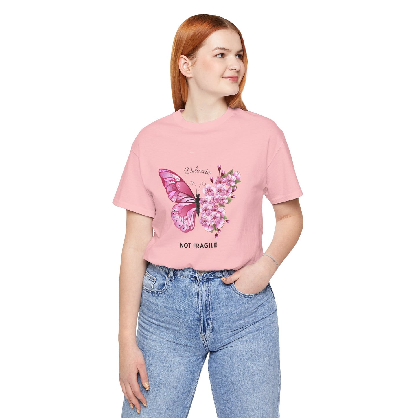🌸 Delicate Not Fragile – Pink Butterfly Tee 🦋💖