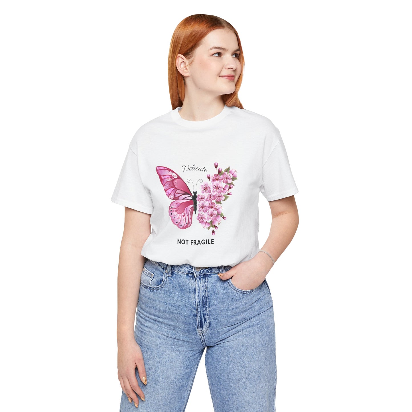🌸 Delicate Not Fragile – Pink Butterfly Tee 🦋💖