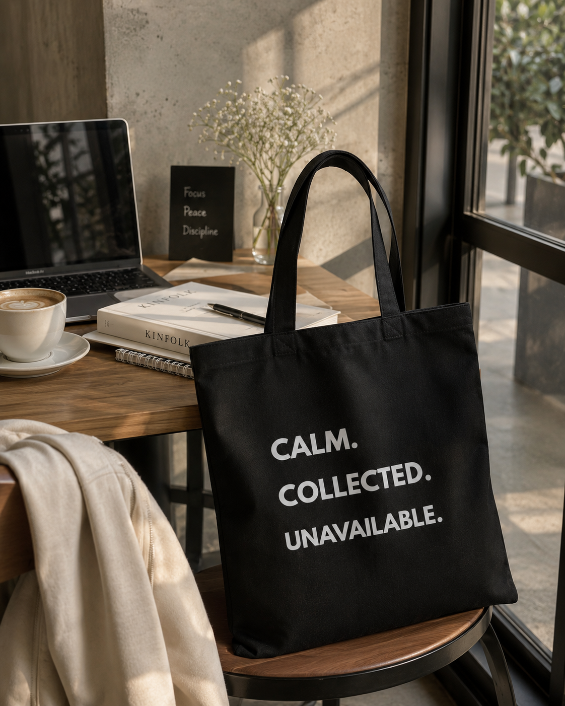 Black canvas tote bag with Calm Collected Unavailable motivational quote beside coffee and laptop in café workspace