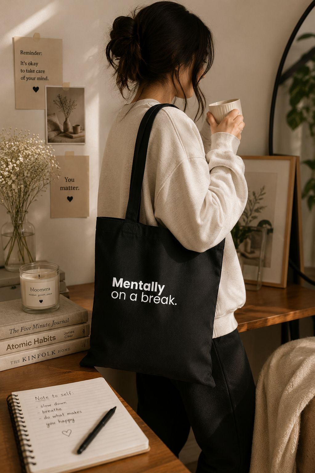 Woman carrying a black canvas tote bag with "Mentally On a Break" statement design while holding a coffee