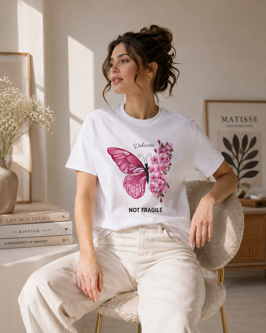 🌸 Delicate Not Fragile – Pink Butterfly Tee 🦋💖
