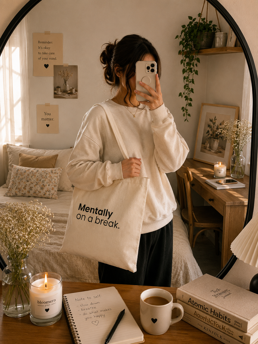 Woman taking a mirror selfie while carrying a beige canvas tote bag with "Mentally On a Break" statement design