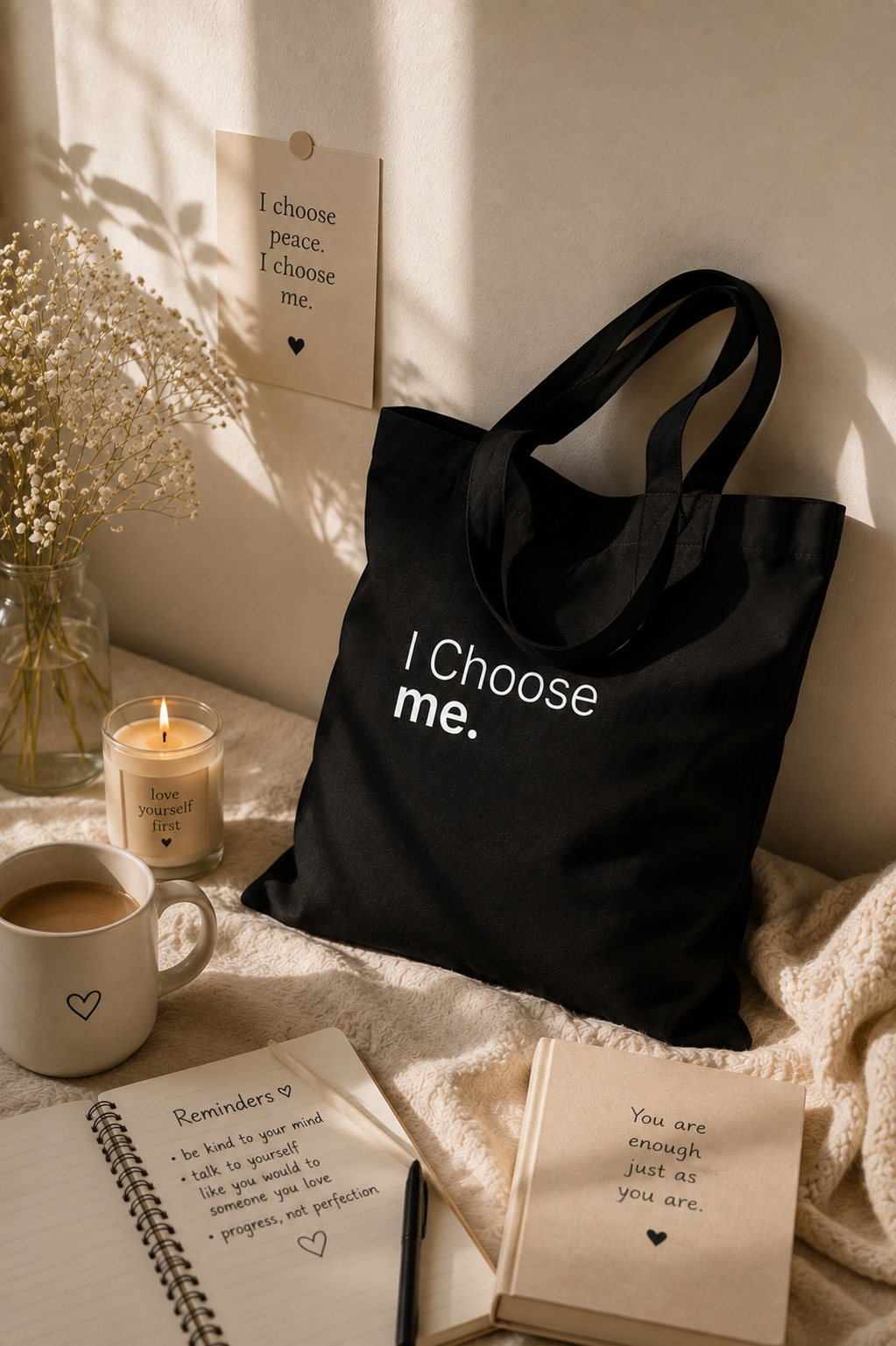 Black canvas tote bag with "I Choose me" statement design styled with coffee, books, and soft neutral decor