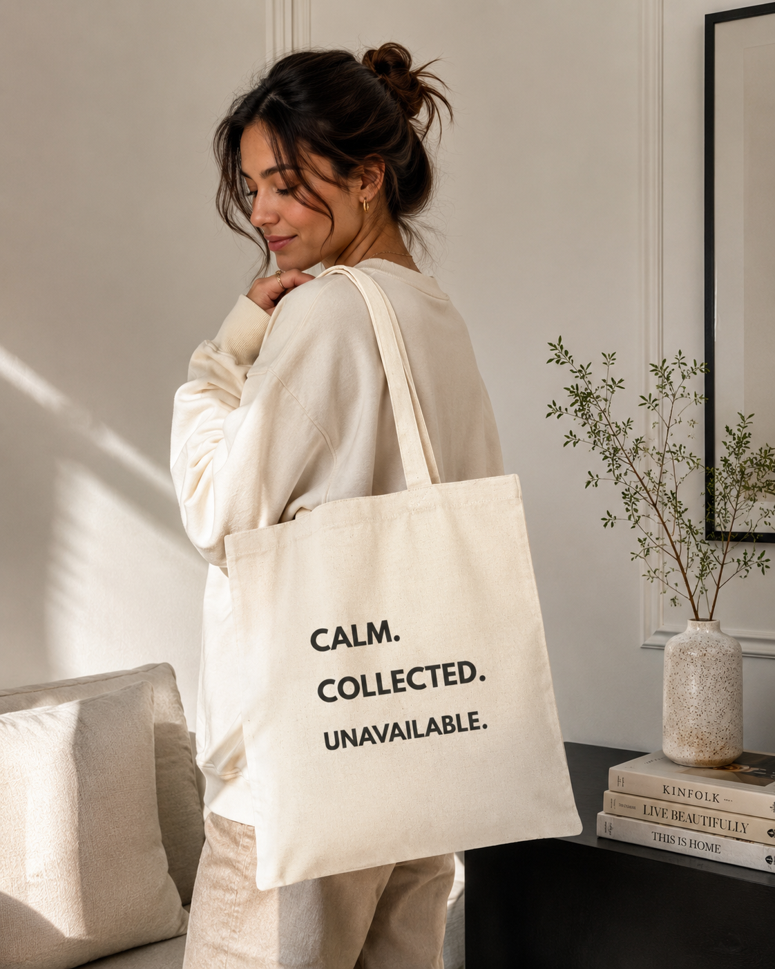 Calm Collected Unavailable Natural Canvas Tote Bag | Minimalist Quote Bag