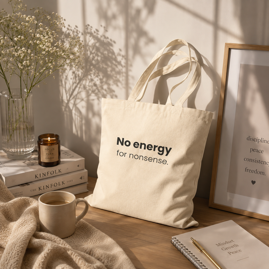 Beige canvas tote bag with "No energy for nonsense" slogan styled with books, coffee, and neutral decor