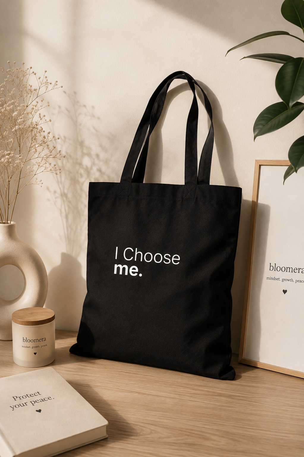 Black canvas tote bag with "I Choose me" statement design styled in a minimalist neutral interior