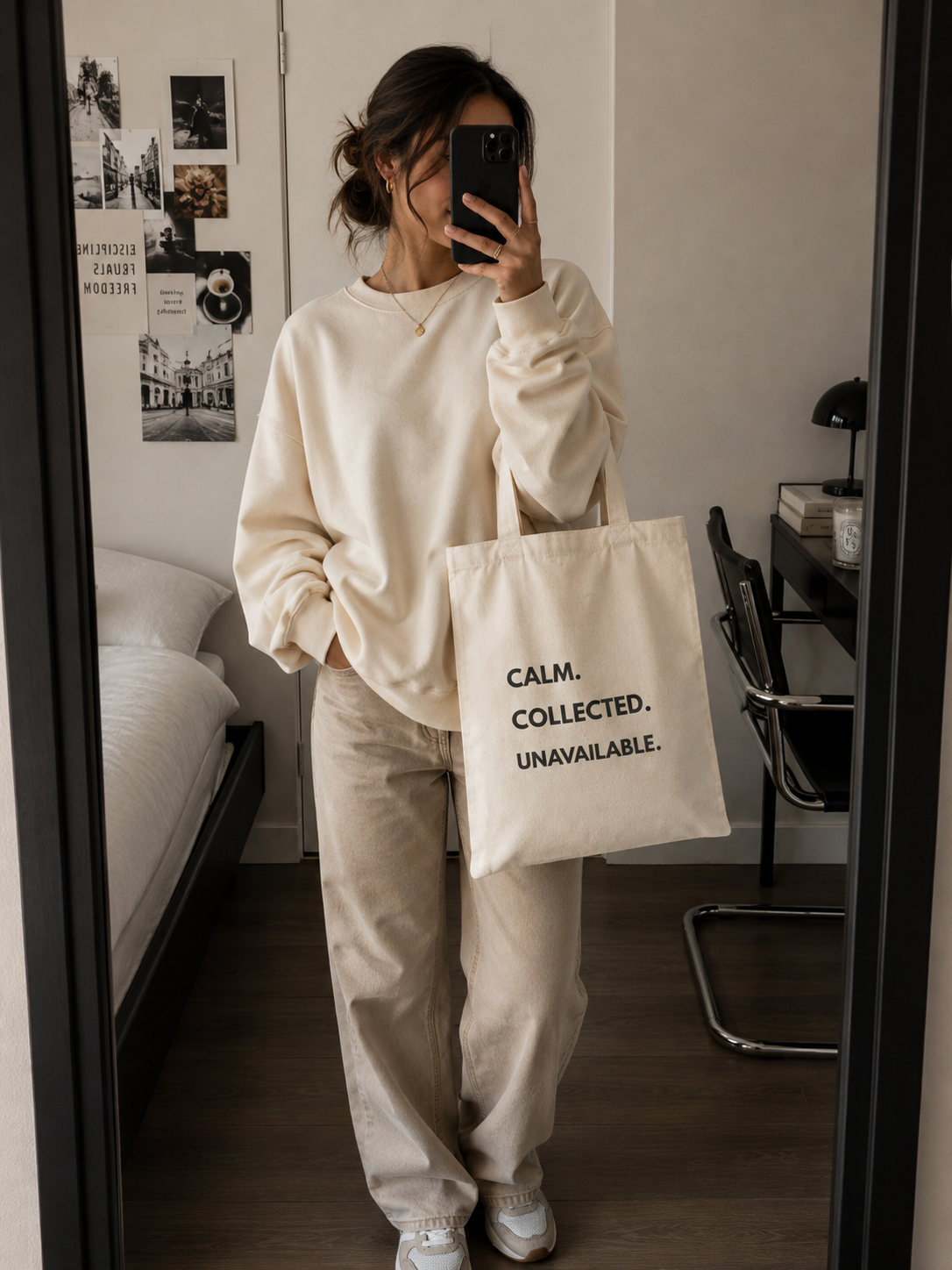 Calm Collected Unavailable Natural Canvas Tote Bag | Minimalist Quote Bag