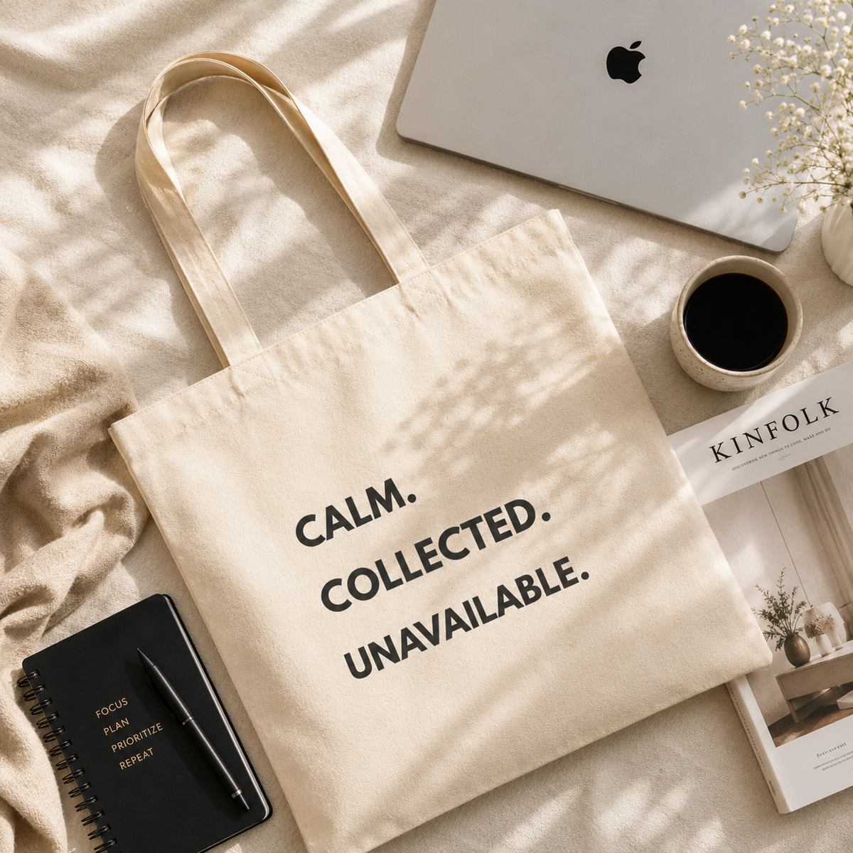 Calm Collected Unavailable Natural Canvas Tote Bag | Minimalist Quote Bag