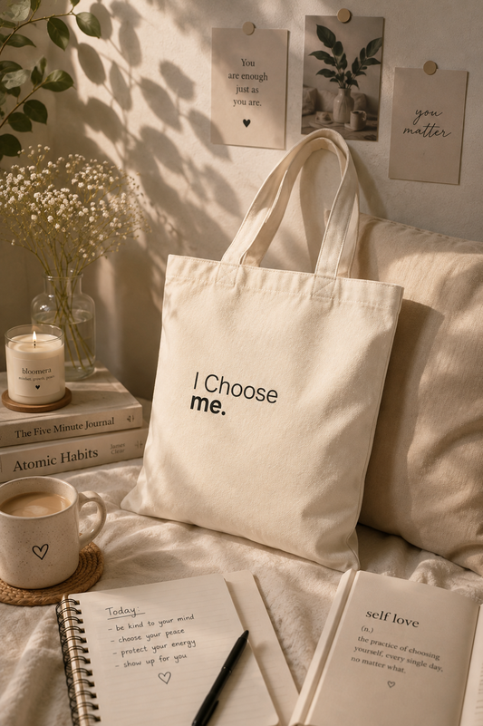 Beige canvas tote bag with "I Choose me" statement design styled with coffee, books, and neutral decor
