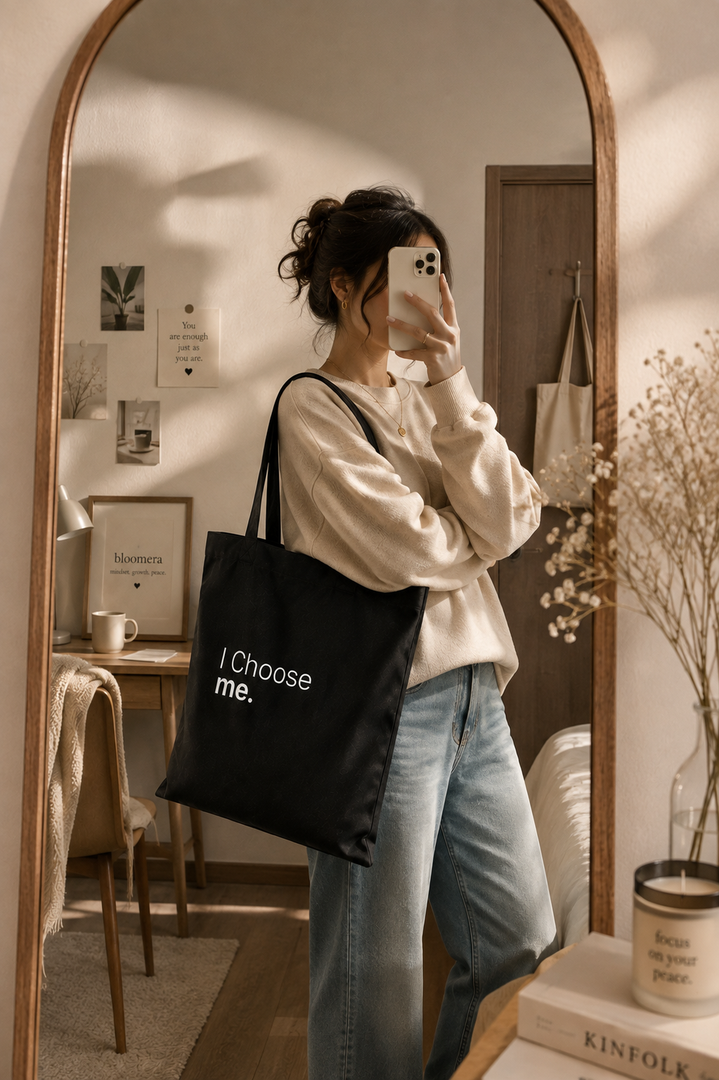 Woman taking a mirror selfie while carrying a black canvas tote bag with "I Choose me" statement design