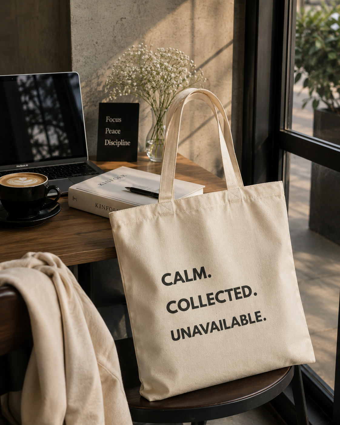 Calm Collected Unavailable Natural Canvas Tote Bag | Minimalist Quote Bag