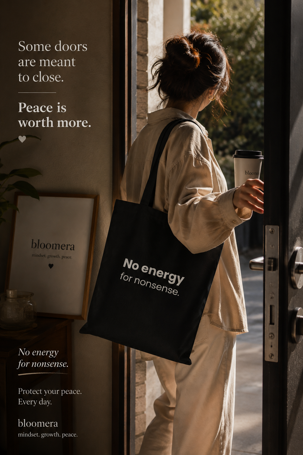 Woman leaving through a doorway carrying a black canvas tote bag with "No energy for nonsense" slogan