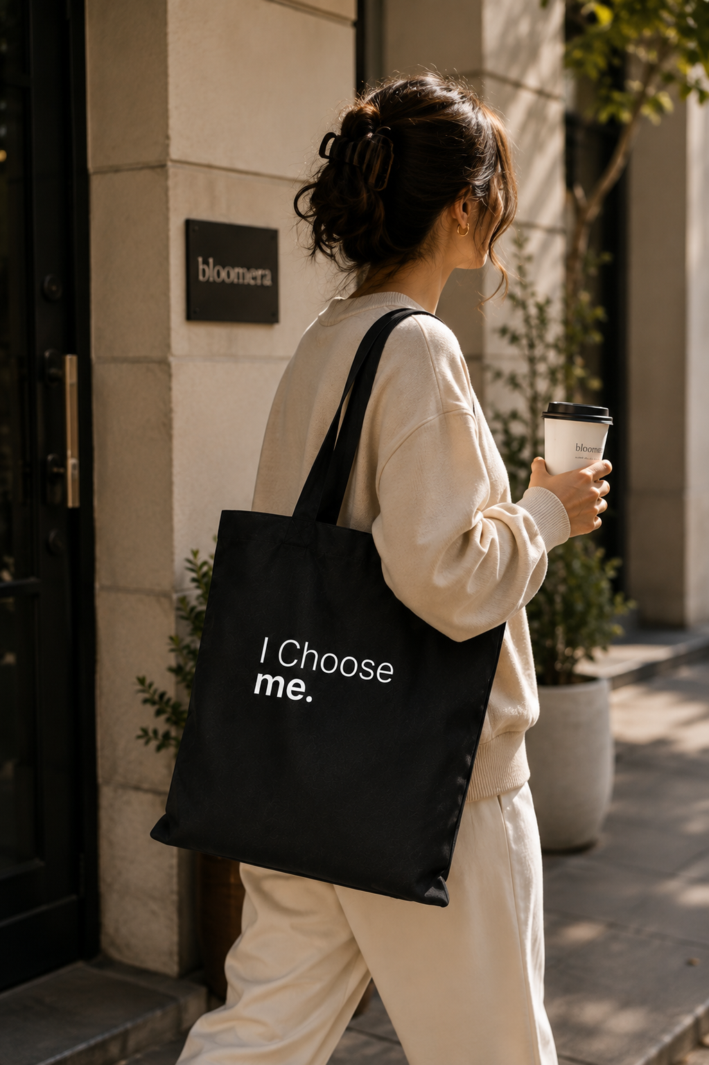 Woman walking outdoors carrying a black canvas tote bag with "I Choose me" statement design while holding a coffee
